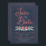 Chalkboard Floral Save the Date Kaart<br><div class="desc">Stijlvol Bewaar de uitnodigingskaart voor de datum met prachtige bloemen tegen een blauwachtige krijtbordachtergrond, met het woord "Save the Date" in modern scriptlettertype. Deze uitnodiging bevat een gepatrooneerde achterkant. Personaliseer het met uw gegevens door de plaatsaanduidingstekst te vervangen. Klik op de knop "Aanpassen" voor meer opties. *Het Zazzle-watermerk dat in...</div>