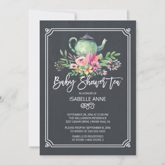 Chalkboard Floral Tea Party neutraal Baby shower Kaart (Voorkant)