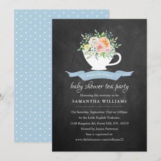 Chalkboard Floral Teacup Baby shower Tea Party Kaart (Voorkant / Achterkant)
