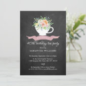 Chalkboard Floral Teacup Birthday Tea Party Kaart (Staand voorkant)