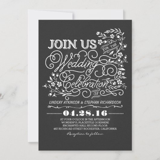 Chalkboard floral vintage bruiloft-uitnodiging kaart (Voorkant)