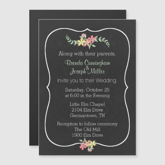 Chalkboard: Floral Wedding Invitation Magnet Magnetische Uitnodiging (Voorkant / Achterkant)