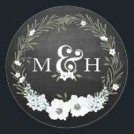 Chalkboard Floral Wedding Monograms Ampersand Ronde Sticker<br><div class="desc">Customize with your Monogram. Please contact me with any questions or special requests. Florals are a light blue-gray and white with sage green wreath. Chalkboard Background can be removed by using "Customize It" and deleted that image; you can then add your own background color</div>