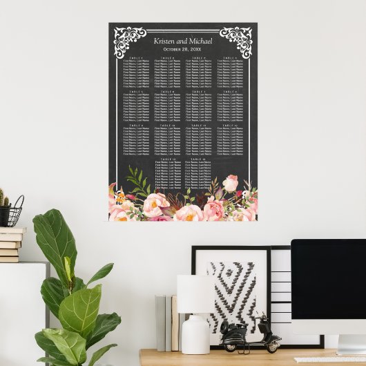 Chalkboard Floral Wedding Seating Chart Poster (Thuiskantoor)