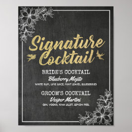 Chalkboard Floral Wedding Signature Drink Menu Poster