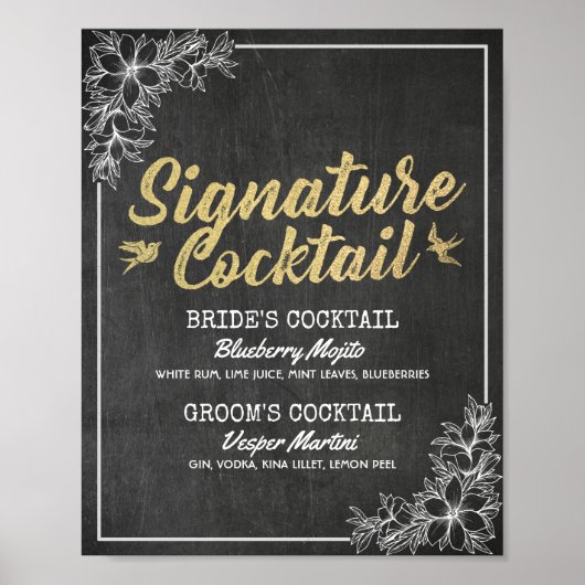 Chalkboard Floral Wedding Signature Drink Menu Poster (Voorkant)