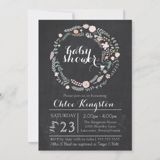 Chalkboard Floral Wreath Baby shower Invitation Kaart (Voorkant)