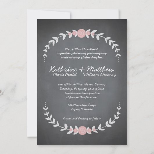 Chalkboard Floral Wreath Wedding Invitation Kaart (Voorkant)