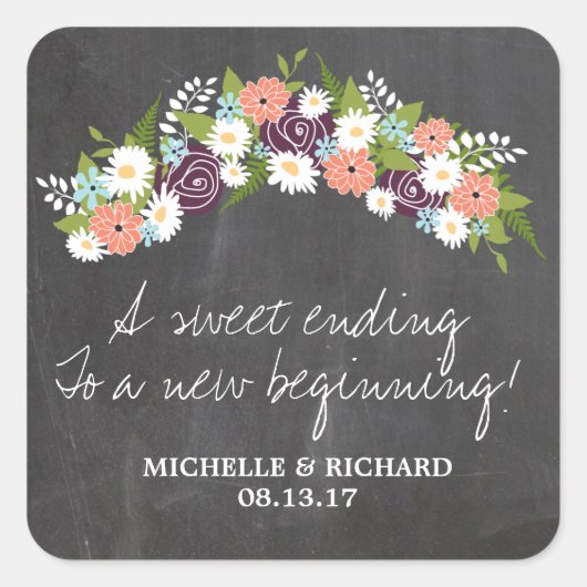 Chalkboard Floral Wreath Wedding Vierkante Sticker (Voorkant)