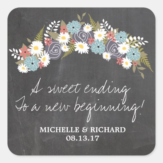 Chalkboard Floral Wreath Wedding Vierkante Sticker (Voorkant)