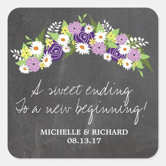 Chalkboard Floral Wreath Wedding Vierkante Sticker (Voorkant)