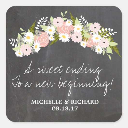 Chalkboard Floral Wreath Wedding Vierkante Sticker (Voorkant)