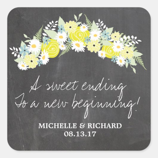 Chalkboard Floral Wreath Wedding Vierkante Sticker (Voorkant)