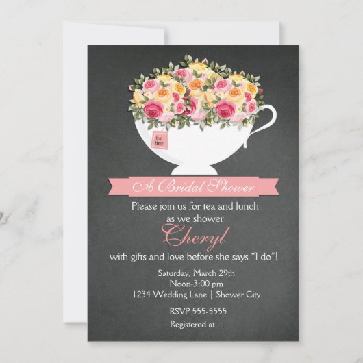 Chalkboard Flower Tea Cup Bridal Shower Uitnodigin Kaart (Voorkant)