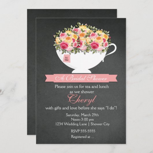 Chalkboard Flower Tea Cup Bridal Shower Uitnodigin Kaart (Voorkant / Achterkant)