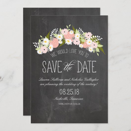 Chalkboard Flowers in Bloom Save the Date (Voorkant / Achterkant)
