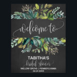 Chalkboard Foliage Vrijgezellenfeest Welkom Poster<br><div class="desc">Dit vrijgezellenfeest van schouderblad is perfect voor een trouwe trouwdouche. Het ontwerp is voorzien van een lijst groene bladeren en bladgroene botanische chemicaliën op een met houtskool bedekte achtergrond. Pas het poster met de naam van de bruid-aan-moet,  en de datum en de plaats van de douche aan.</div>