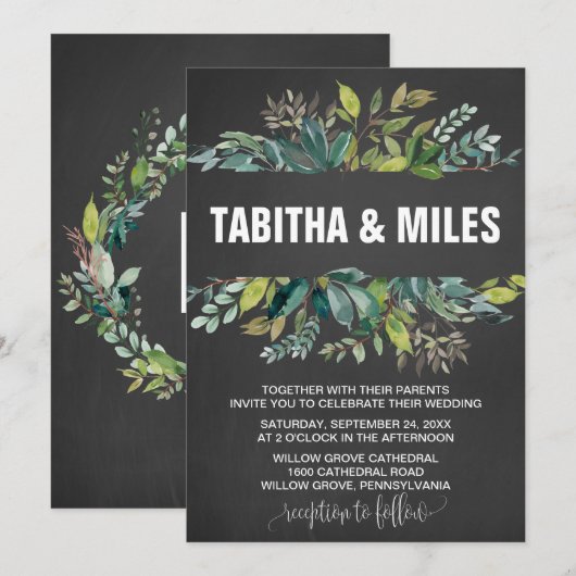 Chalkboard Foliage WreatKaart Backing Wedding Kaart (Voorkant / Achterkant)