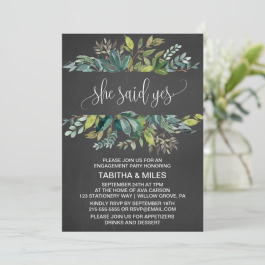 Chalkboard Foliage zei ja tegen Engagement Party Kaart (Staand voorkant)