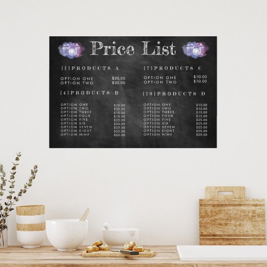 Chalkboard fotograaf Prijsmenu Afdrukken Poster (Keuken)