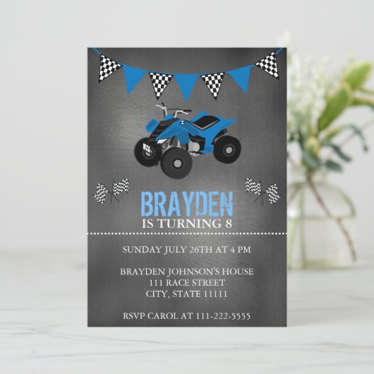 Chalkboard Four Wheeler, ATV Birthday Invitation Kaart (Staand voorkant)