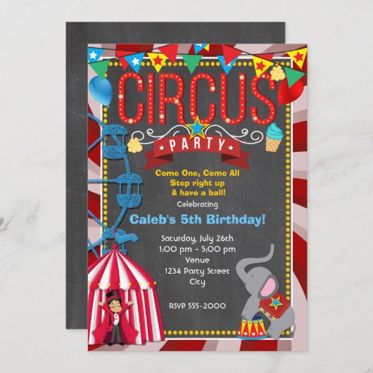 Chalkboard Fun Carnaval verjaardagsfeestje uitnodi Kaart (Voorkant / Achterkant)