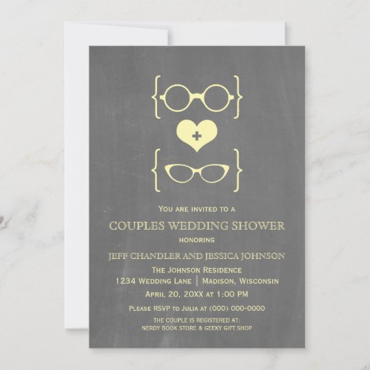 Chalkboard Geeky Glasses Couples Shower Invite Kaart (Voorkant)