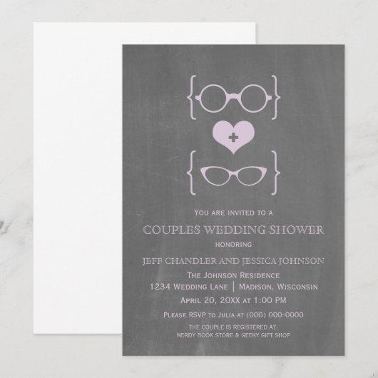 Chalkboard Geeky Glasses Couples Shower Invite Kaart (Voorkant / Achterkant)