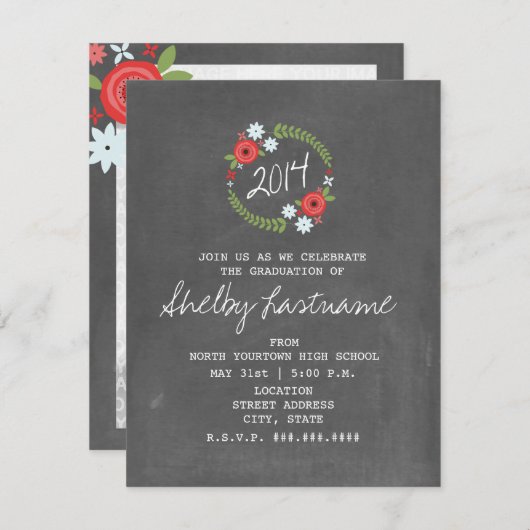 Chalkboard geïnspireerd Floral Photo Afstuderen Kaart (Voorkant / Achterkant)