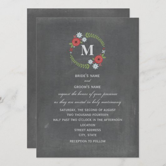 Chalkboard Geïnspireerd Floral Wreath Monogram Wed Kaart (Voorkant / Achterkant)