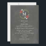 Chalkboard Geïnspireerd Floral Wreath Monogram Wed Kaart<br><div class="desc">Een uitnodiging voor een monogram bruiloft met een afbeelding van rode en blauwe bloemen en groen in de cirkel bovenaan. Personaliseer uw initiaal in de binnencirkel.  Pas de tekst aan met details van uw gelegenheid.  Woorden zijn van bruid en bruid.  Achtergrond is het karton geïnspireerd.</div>