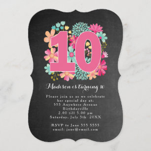 Chalkboard gekleurde Floral 10th Birthday Party Kaart