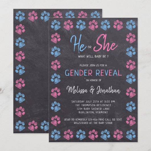 Chalkboard Gender onthult Paw Prins Blauw Roze Kaart (Voorkant / Achterkant)