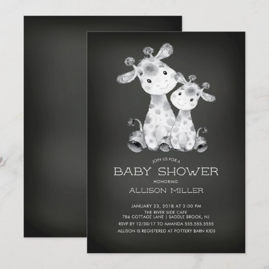 Chalkboard Giraffe Neutraal Baby shower Uitnodigin Kaart (Voorkant / Achterkant)