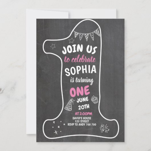 Chalkboard Girl 1st Birthday Chalk Number One Kaart (Voorkant)