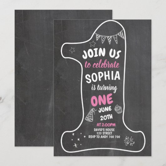 Chalkboard Girl 1st Birthday Chalk Number One Kaart (Voorkant / Achterkant)