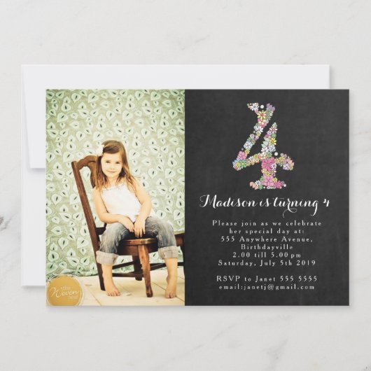 Chalkboard Girls 4th Birthday Party Invitation Kaart (Voorkant)