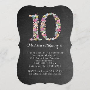 Chalkboard Girls Floral 10th Birthday Party Invite Kaart