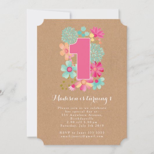 Chalkboard Girls Floral 1st Birthday Party Invite Kaart (Voorkant)