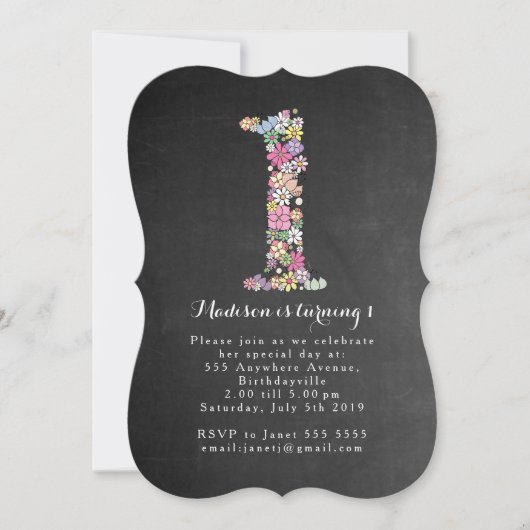 Chalkboard Girls Floral 1st Birthday Party Invite Kaart (Voorkant)