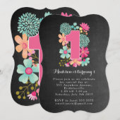 Chalkboard Girls Floral 1st Birthday Party Invite Kaart (Voorkant / Achterkant)