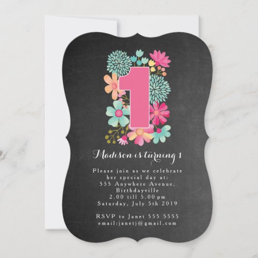 Chalkboard Girls Floral 1st Birthday Party Invite Kaart (Voorkant)