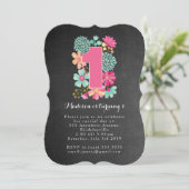 Chalkboard Girls Floral 1st Birthday Party Invite Kaart (Staand voorkant)