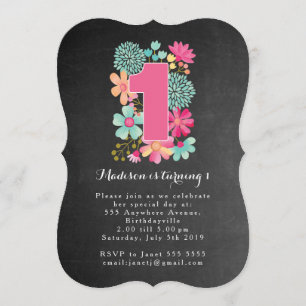Chalkboard Girls Floral 1st Birthday Party Invite Kaart