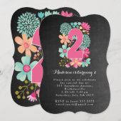 Chalkboard Girls Floral 2e verjaardag Party Invite Kaart (Voorkant / Achterkant)