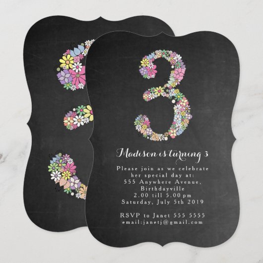 Chalkboard Girls Floral 3rd Birthday Party Invite Kaart (Voorkant / Achterkant)
