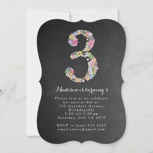 Chalkboard Girls Floral 3rd Birthday Party Invite Kaart (Voorkant)