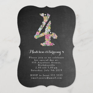 Chalkboard Girls Floral 4th Birthday Party Invite Kaart