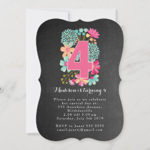 Chalkboard Girls Floral 4th Birthday Party Invite Kaart