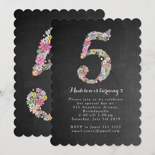 Chalkboard Girls Floral 5th Birthday Party Invite Kaart (Voorkant / Achterkant)
